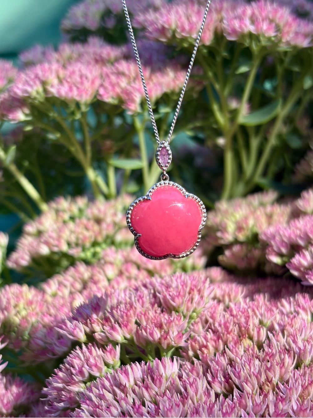 Sterling silver Pink jade necklace.